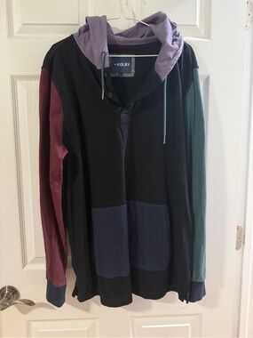 Men's Colorblock Hooded Sweater - Black with Plum, Teal & Navy Accents